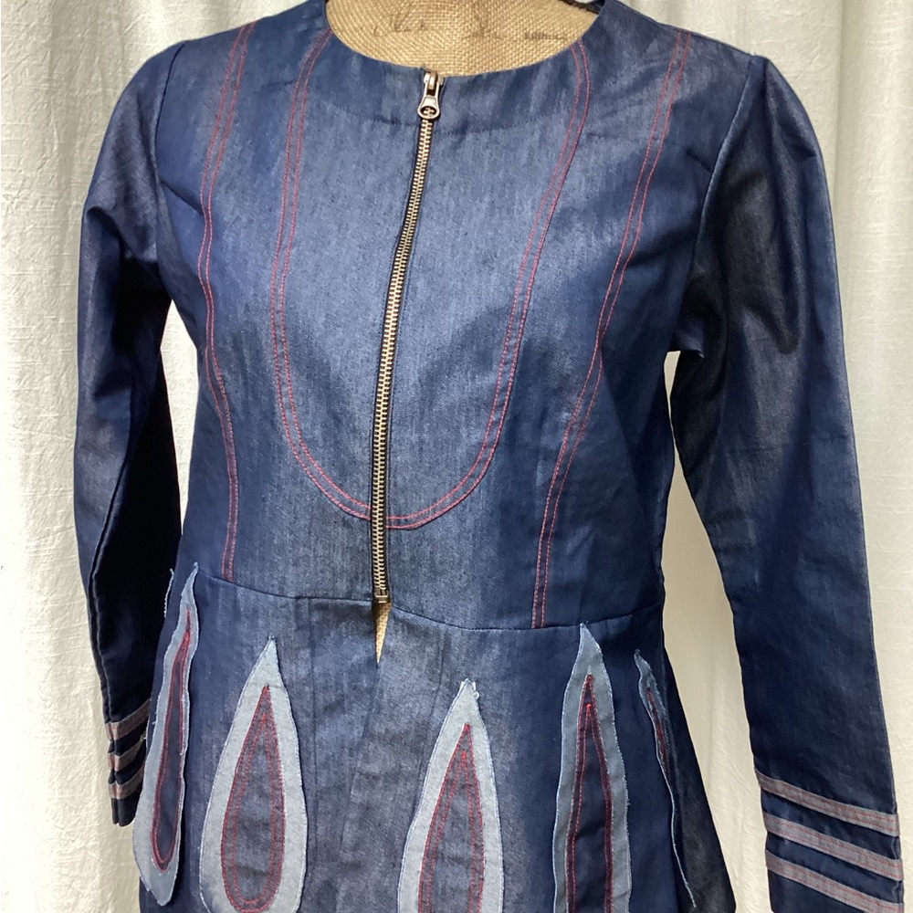 Stylish Blue Denim Jacket, peplum style with decorative trim